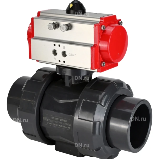 Кран шаровой BV4242E-FP-GRM-ISO Дн32 Ру10 полнопроходной, корпус - НПВХ, шар - НПВХ, уплотнение - EPDM, с пневмоприводом PA-SA-052 с возвратными пружинами в Барнауле