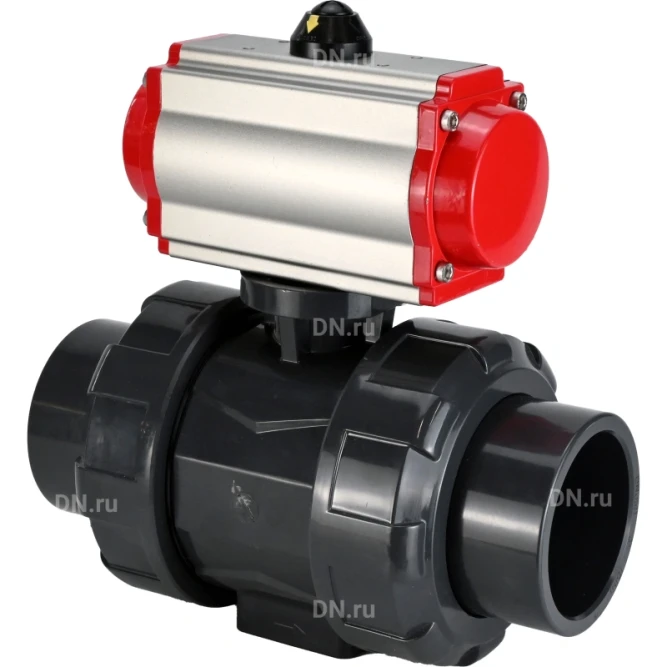 Кран шаровой BV4242E-FP-GRM-ISO Дн32 Ру10 полнопроходной, корпус - НПВХ, шар - НПВХ, уплотнение - EPDM, с пневмоприводом PA-SA-052 с возвратными пружинами в Барнауле