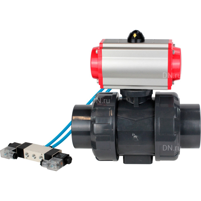 Кран шаровой BV4242E-FP-GRM-ISO Дн25 Ру10 полнопроходной, корпус - НПВХ, шар - НПВХ, уплотнение - EPDM, с пневмоприводом PA-DA-052 и пневмораспределителем 4V320-08 AC220V в Барнауле
