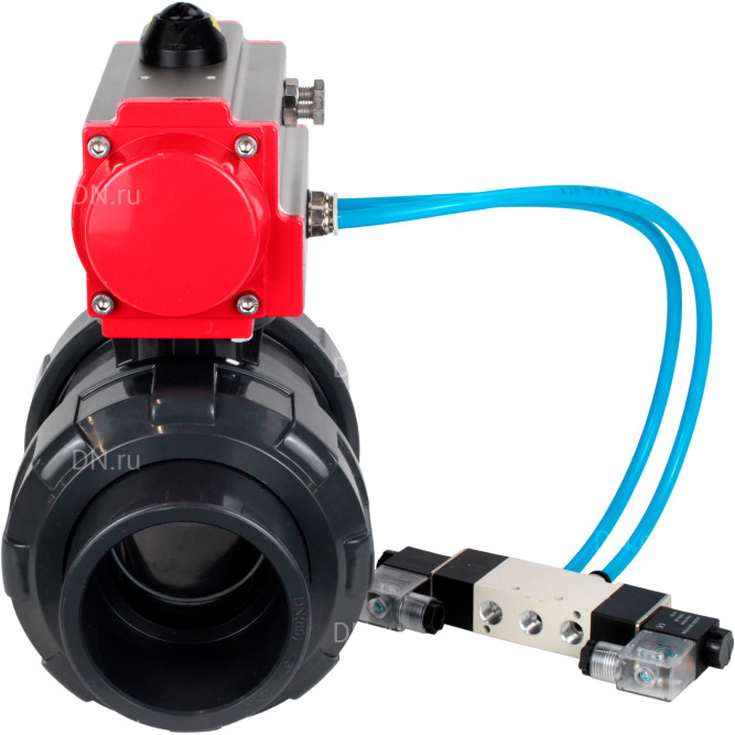 Кран шаровой BV4242E-FP-GRM-ISO Дн25 Ру10 полнопроходной, корпус - НПВХ, шар - НПВХ, уплотнение - EPDM, с пневмоприводом PA-DA-052 и пневмораспределителем 4V320-08 AC220V в Барнауле
