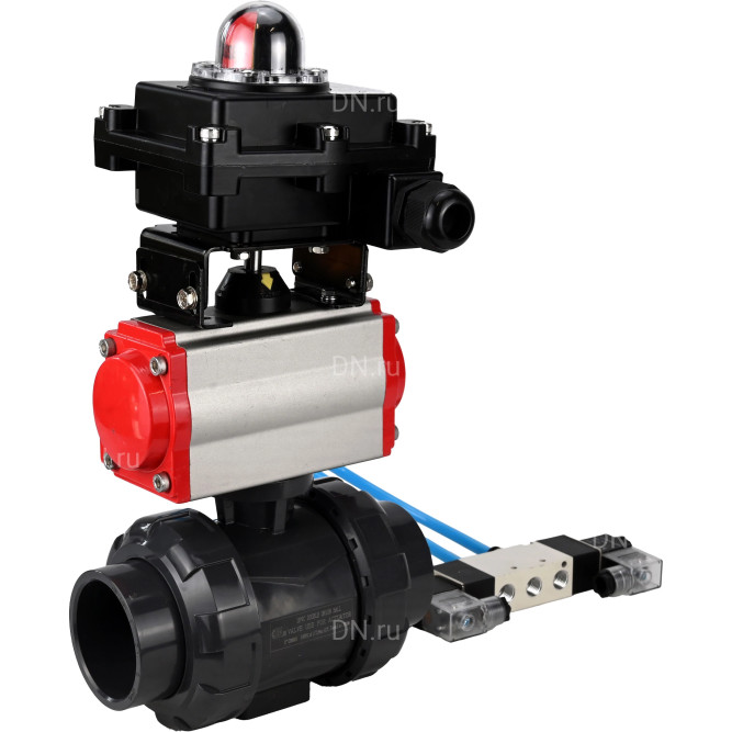 Кран шаровой BV4242E-FP-GRM-ISO Дн40 Ру10 полнопроходной, корпус - НПВХ, шар - НПВХ, уплотнение - EPDM, с пневмоприводом PA-SA-065, пневмораспределителем 4V320-10 AC220V и БКВ APL-410N EX в Барнауле