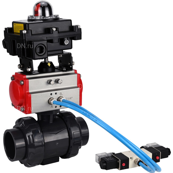 Кран шаровой BV4242E-FP-GRM-ISO Дн40 Ру10 полнопроходной, корпус - НПВХ, шар - НПВХ, уплотнение - EPDM, с пневмоприводом PA-SA-065, пневмораспределителем 4V320-10 AC220V и БКВ APL-410N EX в Барнауле