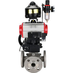 Кран шаровой BV3232P(4pc)-FP-3WL-F Ду25 Ру16 полнопроходной трехходовой, фланцевый, корпус - нержав.сталь SS316, пневмопривод PA-DA-052, пневмораспределитель 4M310-08 AC220V, БКВ APL-510N EX, ручной дублер MON1-250-T26-ISO и БПВ AFC2000