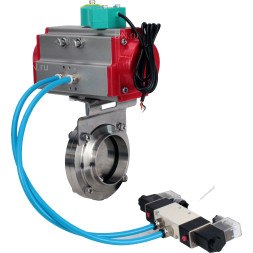 Затвор дисковый поворотный WBV3131S-2W-W-H Ду80 Ру10 под приварку, пищевая нержавеющая сталь 304, уплотнение - Silicon, с пневмоприводом PA-DA-052, пневмораспределителем 4V320-08 AC220V и магнитным переключателем ALS200D