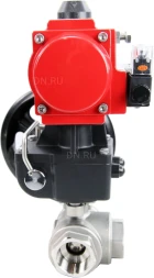 Кран шаровой BV3232P(4pc)-SP-3WL-T-ISO-H Ду32 Ру63 стандартнопроходной трехходовой L-тип, нерж. сталь SS316, внутренняя резьба, уплотнение - PTFE, пн.приводом PA-DA-065, пн.распределителем 4M310-08 AC220V и ручным дублером MON1-250-T26-ISO