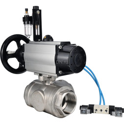 Кран шаровой BV3232P(4pc)-SP-3WL-T-ISO-H Ду80 Ру40, стандартнопроходной, четырехсоставной, корпус - нержавеющая сталь 316, уплотнение - PTFE, внутренняя резьба, с пневмоприводом PA-DA-105-1, пневмораспределителем 4V320-08 AC220V, БПВ AFC2000