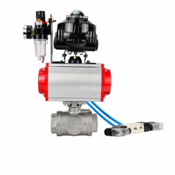 Кран шаровой BV3232P(4pc)-SP-3WL-T-ISO-H WDVF Ду40 Ру63 стандартнопроходной, 3-ходовой L-тип, внутренняя резьба, нержавеющая сталь AISI 316, PTFE, с пневмоприводом PA-SA-130, пневмораспределителем 4V320-08 AC220V, БКВ APL-510N EX и БПВ AFC2000