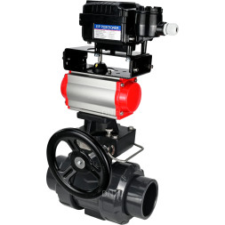 Кран шаровой BV4242E-FP-GRM-ISO Дн80 Ру10 полнопроходной, корпус - НПВХ, шар - НПВХ, уплотнение - EPDM, с пневмоприводом PA-DA-065, ручным дублером MON1-250-T26-ISO и пневмопозиционером YT-1000RSN с обратной связью