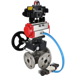 Кран шаровой BV3232P(4pc)-FP-3WL-F Ду20 Ру16 полнопроходной трехходовой, фланцевый, нержав.сталь SS316, с пневмоприводом PA-DA-052 двойн.действия, пневмораспределителем 4V320-08 AC220V, БКВ APL-410N EX и ручным дублером MON1-250-T26-ISO
