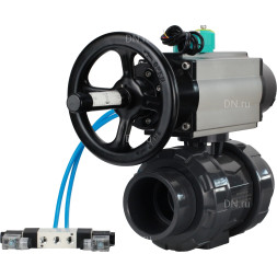 Кран шаровой BV4242E-FP-GRM-ISO Дн65 Ру10 полнопроходной, корпус - НПВХ, шар - НПВХ, уплотнение - EPDM, с пневмоприводом PA-DA-105-1, пневмораспределителем 4V320-10 AC220V и магнитным переключателем ALS200D