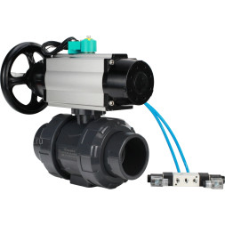 Кран шаровой BV4242E-FP-GRM-ISO Дн65 Ру10 полнопроходной, корпус - НПВХ, шар - НПВХ, уплотнение - EPDM, с пневмоприводом PA-DA-105-1, пневмораспределителем 4V320-10 AC220V и магнитным переключателем ALS200D