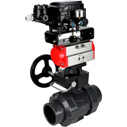 Кран шаровой BV4242E-FP-GRM-ISO Дн100 Ру10 полнопроходной, корпус - НПВХ, шар - НПВХ, уплотнение - EPDM, с пневмоприводом PA-DA-065, ручным дублером MON1-250-T26-ISO и пневмопозиционером YT-1000RSN с обратной связью