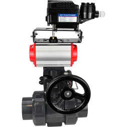 Кран шаровой BV4242E-FP-GRM-ISO Дн100 Ру10 полнопроходной, корпус - НПВХ, шар - НПВХ, уплотнение - EPDM, с пневмоприводом PA-DA-065, ручным дублером MON1-250-T26-ISO и пневмопозиционером YT-1000RSN с обратной связью