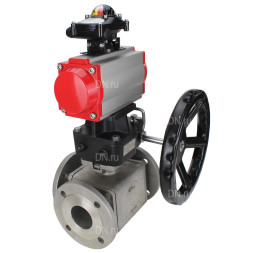 Кран шаровой BV3232P(4pc)-FP-3WL-F Ду15 Ру16 полнопроходной трехходовой, фланцевый, корпус - нержавеющая сталь SS316, с пневмоприводом PA-DA-052 двойного действия, БКВ APL-210N и ручным дублером MON1-250-T26-ISO