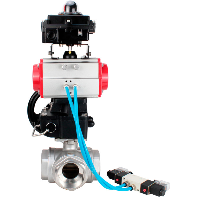 Кран шаровой BV3232P(4pc)-SP-3WL-T-ISO-H Ду32 Ру63, стандартнопроходной, нержавеющая сталь 316, PTFE, внутренняя резьба, с пневмоприводом PA-DA-052, пневмораспределителем 4V320-08 AC220V, БКВ APL-410N Ex, ручным дублером MON1-250-T26-ISO в Барнауле