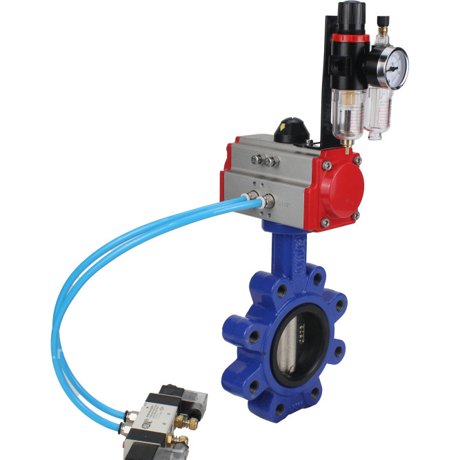 Затвор дисковый поворотный WBV1616E-2W-Fb-H Ду65 Ру16 LUG корпус - чугун QT450, диск - чугун QT450, уплотнение - EPDM, с пневмоприводом PA-SA-105, пневмораспределителем 4V320-08 AC220V и БПВ AFC2000 в Барнауле
