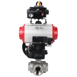 Кран шаровой BV3232P(4pc)-SP-3WL-T-ISO-H Ду32 Ру63 стандартнопроходной трехходовой L-тип, нержавеющая сталь SS316, внутренняя резьба, PTFE, пн.привод PA-DA-065, пн.распределитель 4M310-08 DC24V, БКВ APL-410N EX и ручным дублером MON1-250-T26-ISO