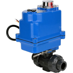 Кран шаровой BV4242E-FP-GRM-ISO Дн15 Ру10 полнопроходной, клеевой с разборным муфтовым соединением, корпус - НПВХ, шар - НПВХ, уплотнение - EPDM, с электроприводом QT-N-003EM-O1-12VDC-У1 blue