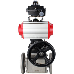 Кран шаровой BV3232P(4pc)-FP-3WL-F Ду80 Ру16 полнопроходной трехходовой, фланцевый, корпус - нержавеющая сталь SS316, с пневмоприводом PA-DA-105, пневмораспределителем 4M310-08 AC220V, БКВ APL-410N EX и ручным дублером MON3-700-T38-ISO