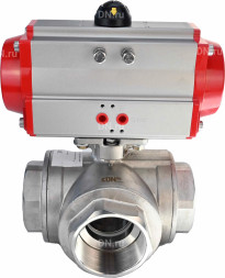 Кран шаровой BV3232P(4pc)-SP-3WL-T-ISO-H Ду32 Ру63 стандартнопроходной L-тип, трехходовой, нержавеющая сталь SS316, внутренняя резьба, уплотнение - PTFE, с пневмоприводом PA-SA-65 с возвратными пружинами