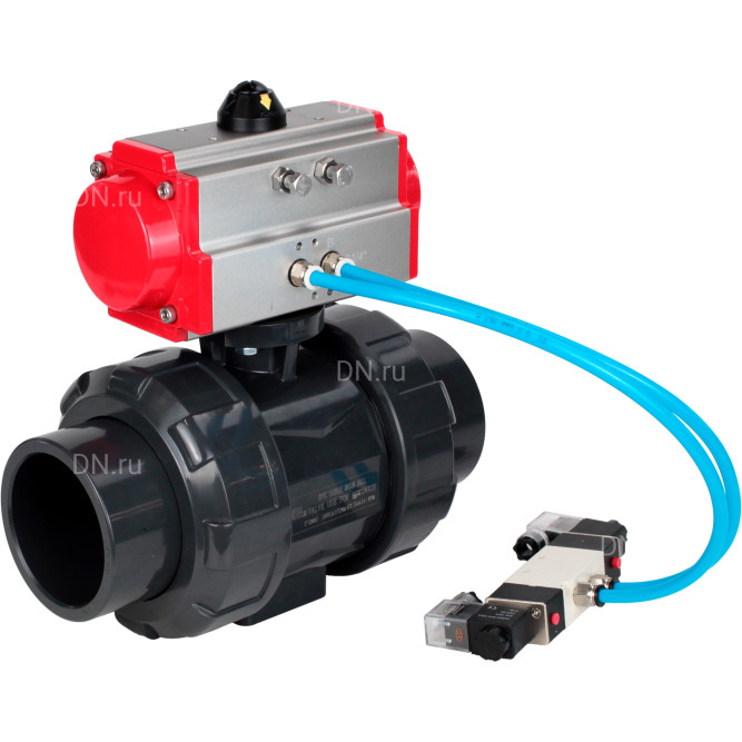 Кран шаровой BV4242E-FP-GRM-ISO Дн80 Ру10 полнопроходной, корпус - НПВХ, шар - НПВХ, уплотнение - EPDM, с пневмоприводом PA-DA-065 и пневмораспределителем 4V320-08 AC220V в Барнауле