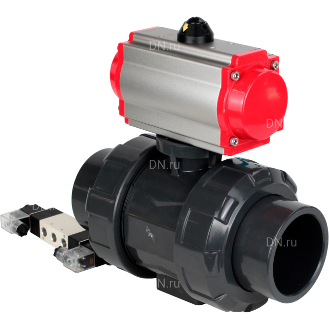 Кран шаровой BV4242E-FP-GRM-ISO Дн80 Ру10 полнопроходной, корпус - НПВХ, шар - НПВХ, уплотнение - EPDM, с пневмоприводом PA-DA-065 и пневмораспределителем 4V320-08 AC220V в Барнауле
