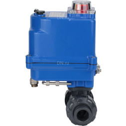 Кран шаровой BV4242E-FP-GRM-ISO Дн20 Ру10 полнопроходной, клеевой с разборным муфтовым соединением, корпус - НПВХ, шар - НПВХ, уплотнение - EPDM, с электроприводом QT-N-003EM-O1-12VDC-У1 blue