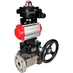 Кран шаровой BV3232P(4pc)-FP-3WL-F Ду20 Ру16 полнопроходной трехходовой, фланцевый, корпус - нержавеющая сталь SS316, с пневмоприводом PA-DA-052 двойного действия, БКВ APL-410N EX и ручным дублером MON1-250-T26-ISO