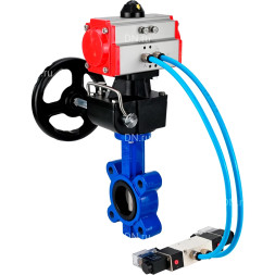 Затвор дисковый поворотный WBV1631E-2W-Fb-H Ду50 Ру16 LUG, корпус - чугун QT450, диск - нержавеющая сталь 304, уплотнение - EPDM, с пневмоприводом PA-DA-065, пневмораспределителем 4M320-10 AC220V и ручным дублером MON1-250-T26-ISO