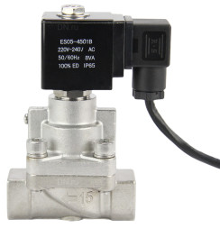 Клапан электромагнитный на высокое давление VS931-PT-NC-220VAC 1″ Ду25 Ру6-100 соленоидный двухходовой поршневой, корпус - нержавеющая сталь 304, уплотнение - PTFE, резьбовой, пилотного действия, нормально закрытый, катушка - 220В