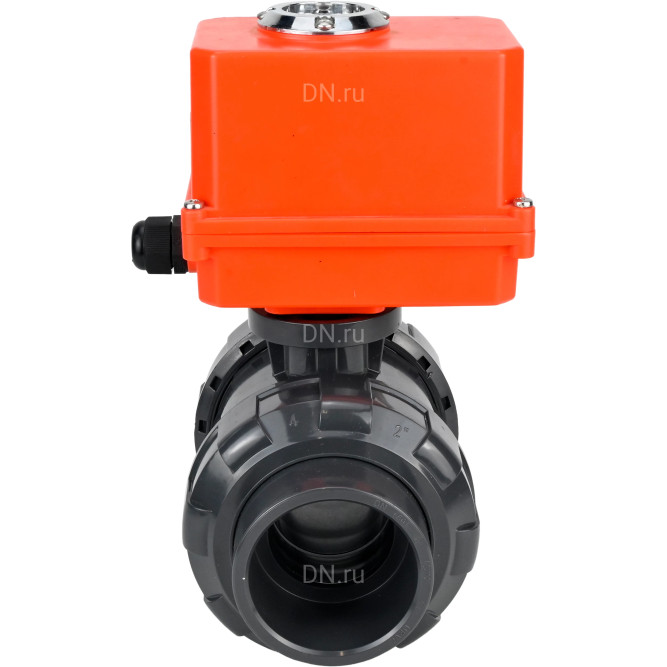Кран шаровой BV4242E-FP-GRM-ISO Дн15 Ру10 полнопроходной, корпус - НПВХ, шар - НПВХ, уплотнение - EPDM, с электроприводом QT-N-003EM-O1-220VAC-У1 MINI в Барнауле