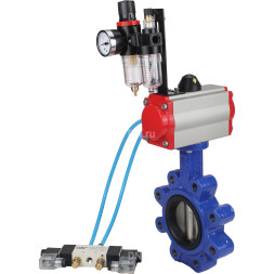Затвор дисковый поворотный WBV1616E-2W-Fb-H Ду100 Ру16 LUG корпус - чугун QT450, диск - чугун QT450, уплотнение - EPDM, с пневмоприводом PA-SA-130, пневмораспределителем 4V320-08 AC220V и БПВ AFC2000