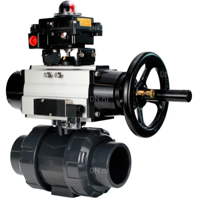 Кран шаровой BV4242E-FP-GRM-ISO Дн80 Ру10 полнопроходной, корпус - НПВХ, шар - НПВХ, уплотнение - EPDM, с пневмоприводом PA-DA-105-1, пневмораспределителем 4M310-08 AC220V и БКВ APL-410N EX в Барнауле