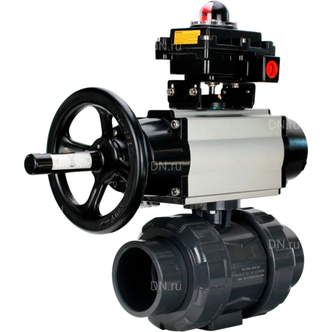 Кран шаровой BV4242E-FP-GRM-ISO Дн80 Ру10 полнопроходной, корпус - НПВХ, шар - НПВХ, уплотнение - EPDM, с пневмоприводом PA-DA-105-1, пневмораспределителем 4M310-08 AC220V и БКВ APL-410N EX в Барнауле