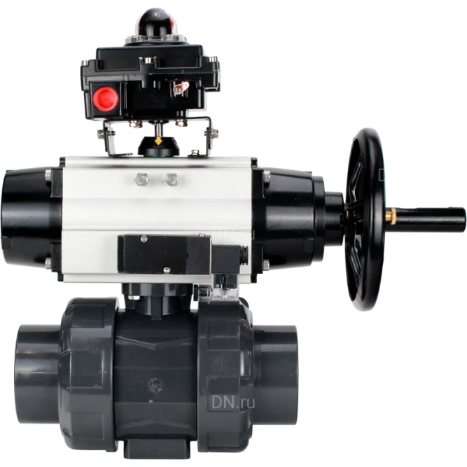 Кран шаровой BV4242E-FP-GRM-ISO Дн80 Ру10 полнопроходной, корпус - НПВХ, шар - НПВХ, уплотнение - EPDM, с пневмоприводом PA-DA-105-1, пневмораспределителем 4M310-08 AC220V и БКВ APL-410N EX в Барнауле