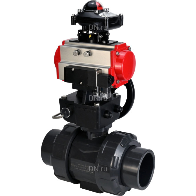 Кран шаровой BV4242E-FP-GRM-ISO Дн32 Ру10 полнопроходной, корпус - НПВХ, шар - НПВХ, уплотнение - EPDM, с пневмоприводом PA-DA-052, пневмораспределителем 4M310-08 DC24V, ручным дублером MON1-250-T26-ISO и БКВ APL-210N в Барнауле