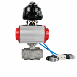 Кран шаровой BV3232P(4pc)-SP-3WL-T-ISO-H WDVF Ду40 Ру63 стандартнопроходной, 3-ходовой L-тип, внутренняя резьба, нержавеющая сталь AISI 316, PTFE, с пневмоприводом PA-DA-083, пневмораспределителем 4V320-08 AC220V и БКВ APL-510N EX