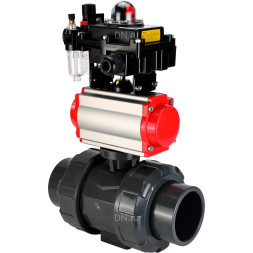 Кран шаровой BV4242E-FP-GRM-ISO Дн65 Ру10 полнопроходной, корпус - НПВХ, шар - НПВХ, уплотнение - EPDM, с пневмоприводом PA-SA-065, пневмораспределителем 4M310-08 DC24V, БКВ APL-410N EX и БПВ AFC2000