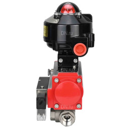 Кран шаровой BV3232P(4pc)-SP-3WL-T-ISO-H 1 1/4″ Ду32 Ру63 стандартнопроходной трехходовой L-тип, нержавеющая сталь SS316, внутренняя резьба, уплотнение - PTFE, с пн.приводом PA-SA-065 пн.распределителем 4M310-08 DC24V БКВ APL-510N-EX