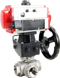Кран шаровой BV3232P(4pc)-SP-3WL-T-ISO-H Ду65 Ру40 стандартнопроходной трехходовой L-тип, нерж. сталь SS316, внутренняя резьба, уплотнение - PTFE, пн.приводом PA-DA-083, пн.распределителем 4M310-08 DC24V и ручным дублером MON2-450-T28-ISO