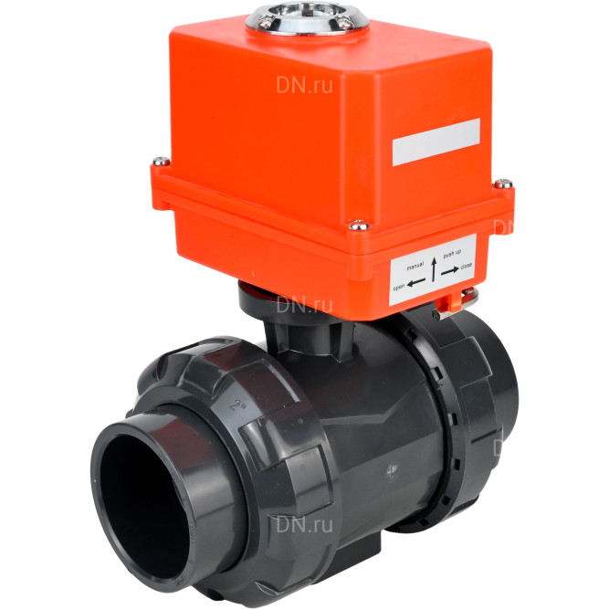 Кран шаровой BV4242E-FP-GRM-ISO Дн25 Ру10 полнопроходной, корпус - НПВХ, шар - НПВХ, уплотнение - EPDM, с электроприводом QT-N-003EM-O1-220VAC-У1 MINI в Барнауле