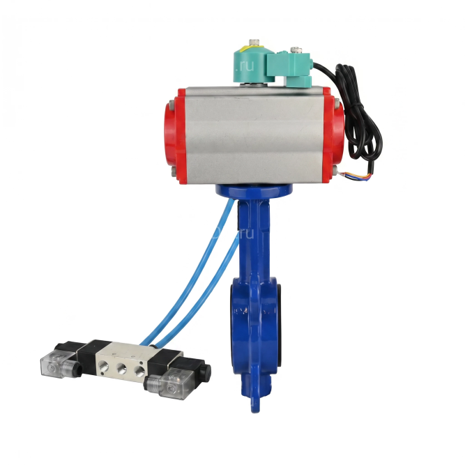 Затвор дисковый поворотный WBV1132N-2W-Fb-H Ду50 Ру16 корпус - чугун GG25, диск - нержавеющая сталь 316L, уплотнение - NBR, с пневмоприводом PA-SA-083, пневмораспределителем 4V320-10 AC220V и магнитным переключателем ALS200D в Барнауле