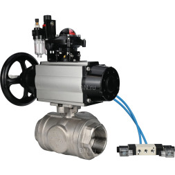 Кран шаровой BV3232P(4pc)-SP-3WL-T-ISO-H Ду80 Ру40, стандартнопроходной, четырехсоставной, нержавеющая сталь 316, PTFE, внутренняя резьба, с пневмоприводом PA-DA-105-1, пневмораспределителем 4V320-10 AC220V, БКВ APL-210N, БПВ AFC2000