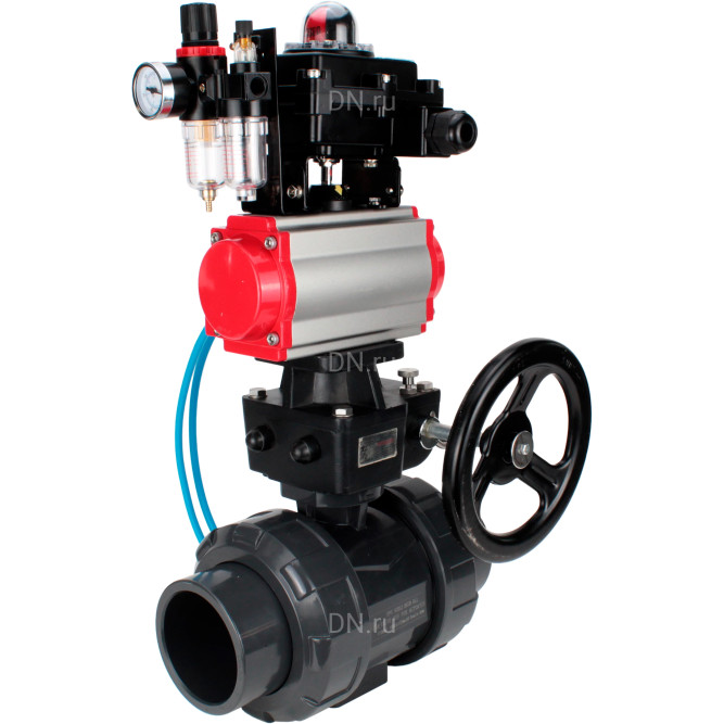 Кран шаровой BV4242E-FP-GRM-ISO Дн65 Ру10 полнопроходной, корпус - НПВХ, шар - НПВХ, уплотнение - EPDM, с пневмоприводом PA-DA-065, пневмораспределителем 4V320-10 AC220V, ручным дублером MON1-250-T26-ISO, БКВ APL-410N EX и БПВ AFC2000 в Барнауле