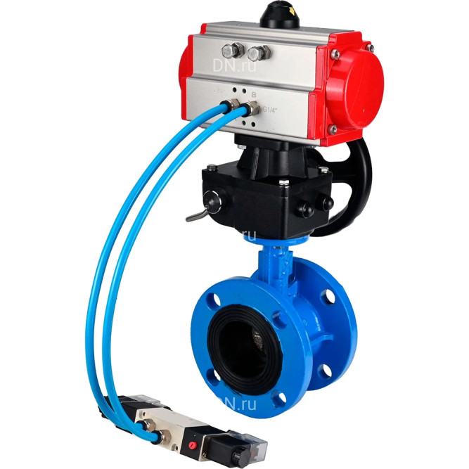 Затвор дисковый поворотный WBV1313E-2W-F-H Ду65 Ру16, корпус - чугун GGG40, диск - чугун GGG40, уплотнение - EPDM, с пневмоприводом PA-DA-105, пневмораспределителем 4M320-08 AC220V и ручным дублером MON1-250-T26-ISO в Барнауле