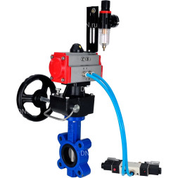 Затвор дисковый поворотный WBV1631E-2W-Fb-H Ду100 Ру16 LUG, корпус - чугун, диск - нержавеющая сталь 304, уплотнение - EPDM, с пневмоприводом PA-DA-083, пневмораспределителем 4M320-08 AC220V, ручным дублером MON2-450-T28-ISO и БПВ AFC2000