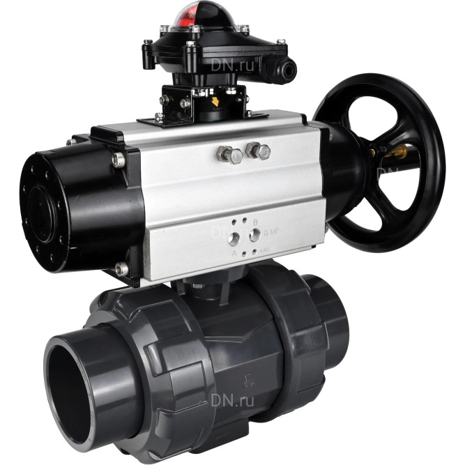 Кран шаровой BV4242E-FP-GRM-ISO Дн15 Ру10 полнопроходной, корпус - НПВХ, шар - НПВХ, уплотнение - EPDM, с пневмоприводом PA-DA-105-1 и БКВ APL-210N в Барнауле