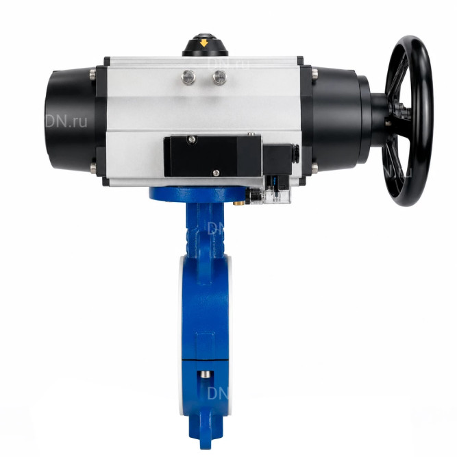 Затвор дисковый поворотный WBV3434Pf-2W-Fb-R Ду150 Ру16, корпус - углеродистая сталь WCB, диск - углеродистая сталь WCB, футерованный PTFE, уплотнение - PTFE, с пневмоприводом PA-DA-105-1 и пневмораспределителем 4M310-08 DC24V в Барнауле