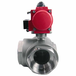 Кран шаровой BV3232P(4pc)-SP-3WL-T-ISO-H Ду40 Ру63 стандартнопроходной L-тип, трехходовой, нержавеющая сталь SS316, внутренняя резьба, уплотнение - PTFE, с пн.приводом PA-SA-083 c пн.распределителем 4M310-08 AC220V