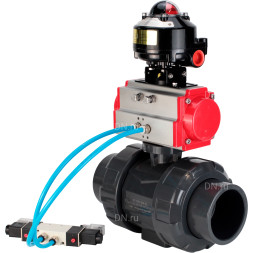 Кран шаровой BV4242E-FP-GRM-ISO Дн15 Ру10 полнопроходной, корпус - НПВХ, шар - НПВХ, уплотнение - EPDM, с пневмоприводом PA-DA-052, пневмораспределителем 4V320-08 AC220V и БКВ APL-510N EX
